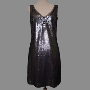 WHBM Silver Sequin Cocktail Dress with Black Overlay